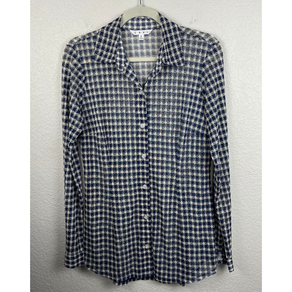 CAbi Sheer Mesh Shirt Womens Medium Blue Button Up Geometric Top‎ Stretch Blouse